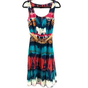 MILLY Colorful Silk Blend Belted Sleeveless Dress